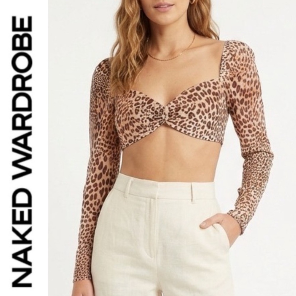 Naked Wardrobe 🤎🤍Leopard Print Twist-Front Long Sleeve Crop Top - Brown/Tan